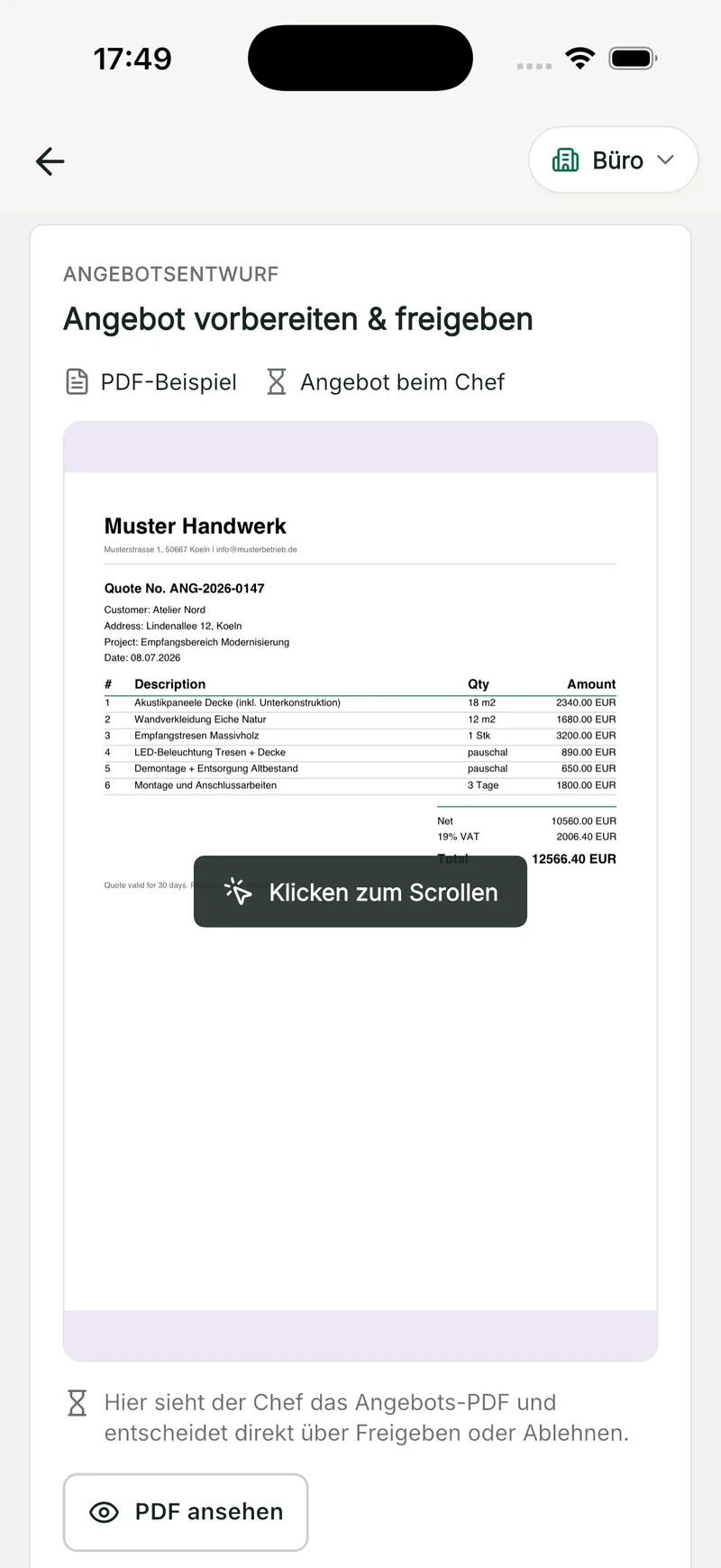 Angebotsentwurf in QuickQuote Flow: Angebot vorbereiten und freigeben mit PDF-Ansicht