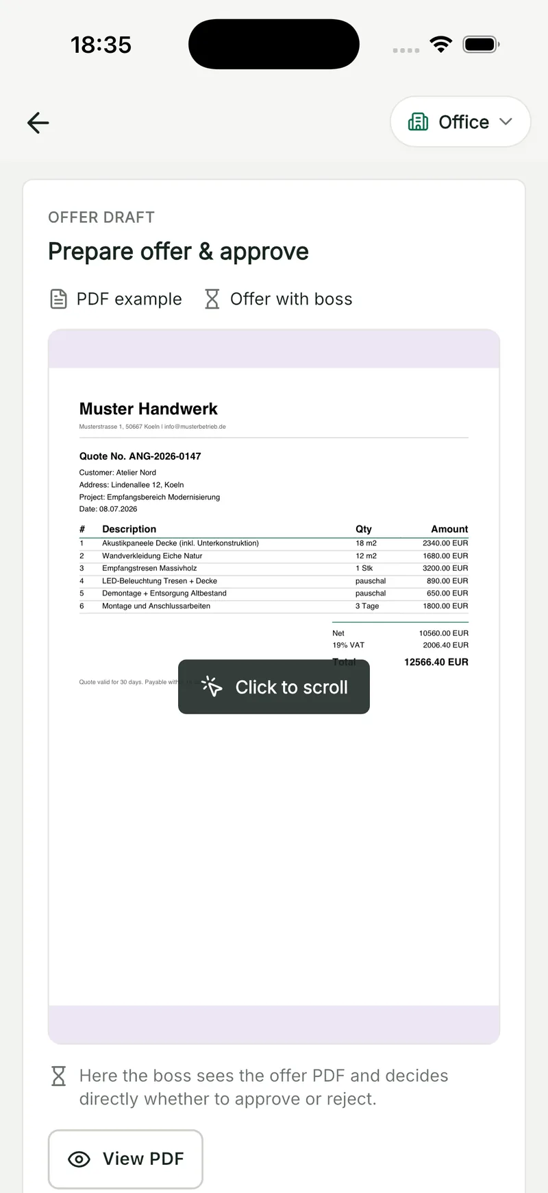 Quote draft in QuickQuote Flow: preparing and approving a quote with PDF view