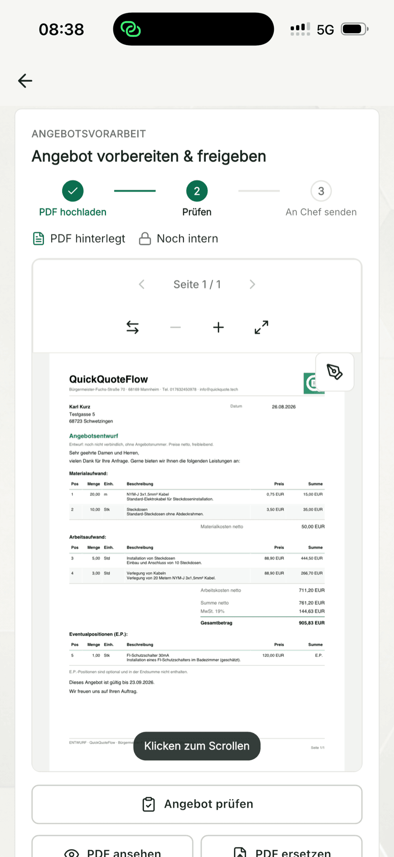 QuickQuote Flow auf dem Smartphone im Schritt Prüfen: internes Angebots-PDF mit Schaltfläche Angebot prüfen