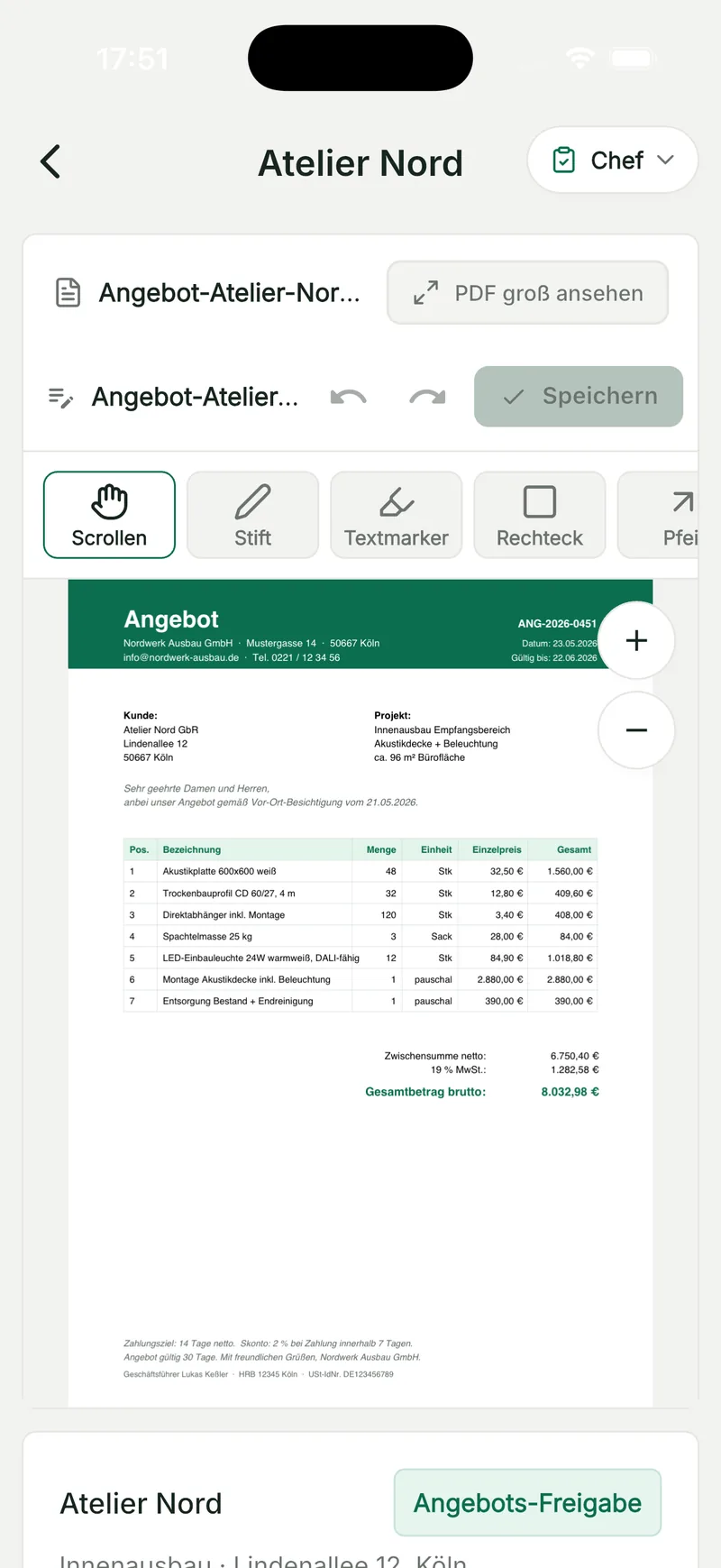 Chef-Ansicht in QuickQuote Flow: Angebots-PDF mit Markier-Werkzeugen und Angebots-Freigabe