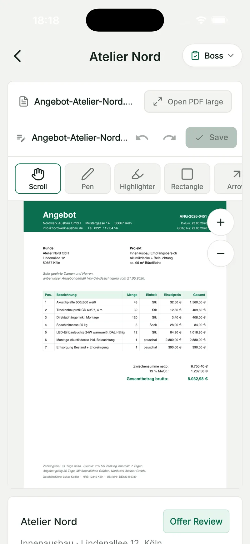 Boss view in QuickQuote Flow: quote PDF with markup tools and quote approval