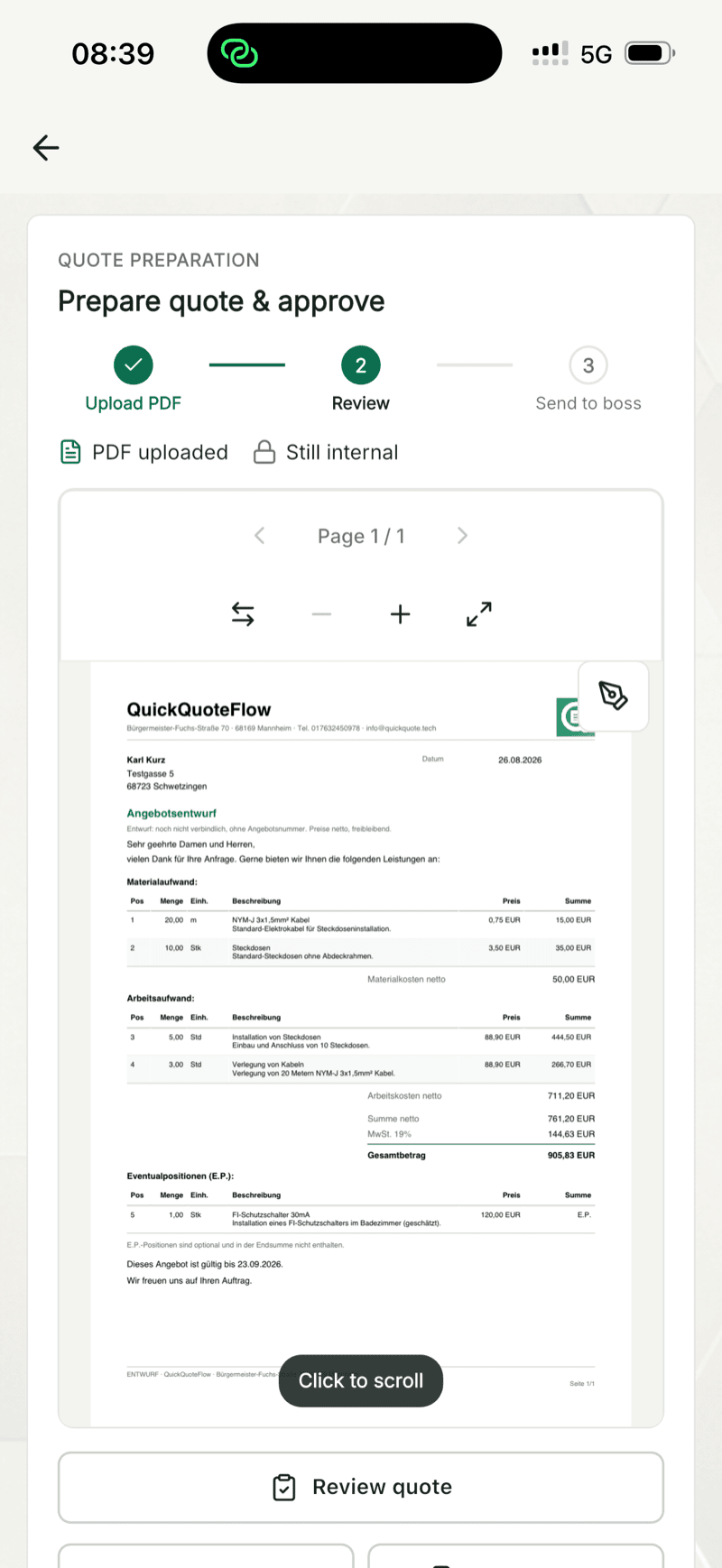 QuickQuote Flow on a smartphone at the review step, showing an internal quote PDF and the Review quote action