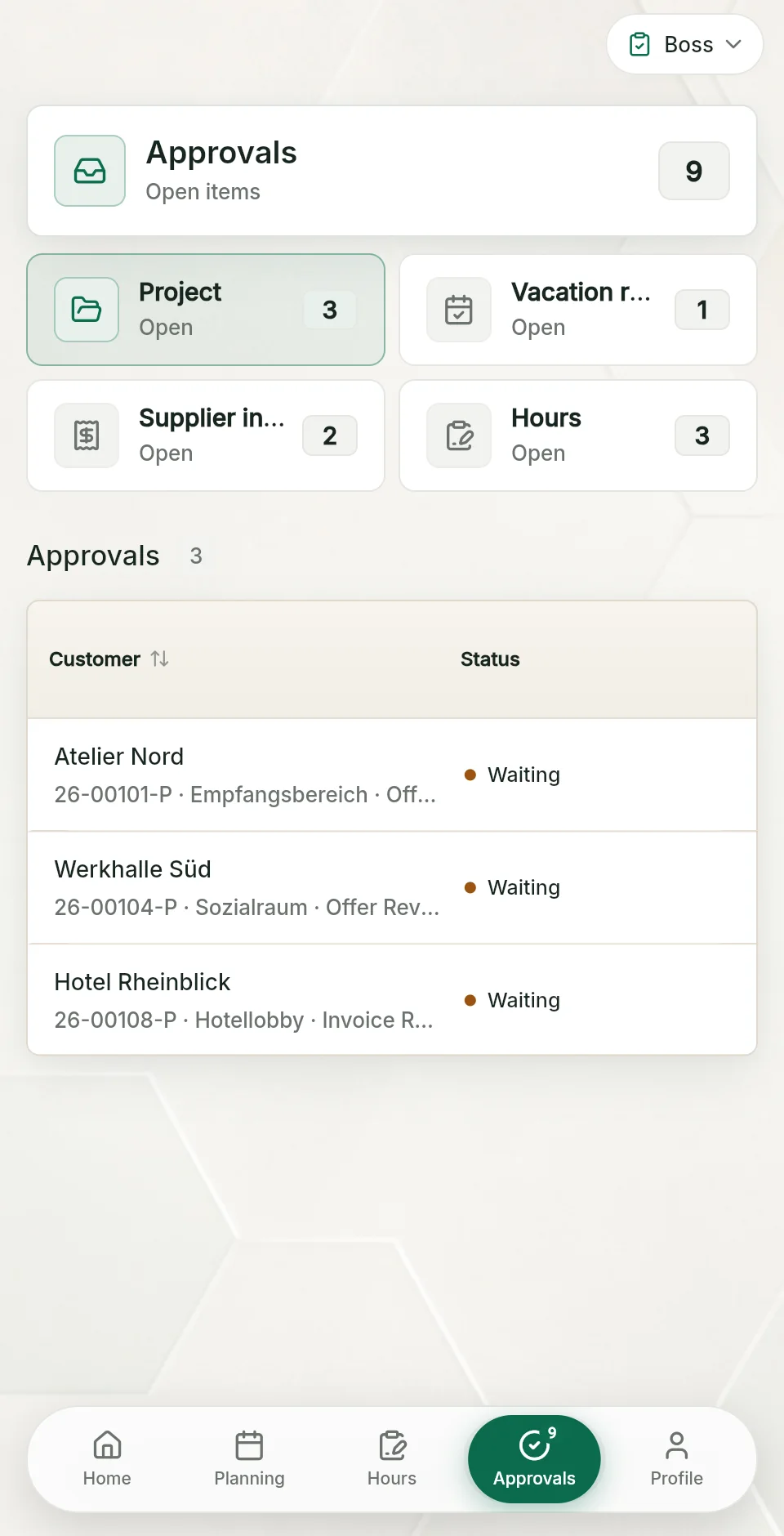 Approvals view in QuickQuote Flow with four queues: project, leave requests, incoming invoices and hours
