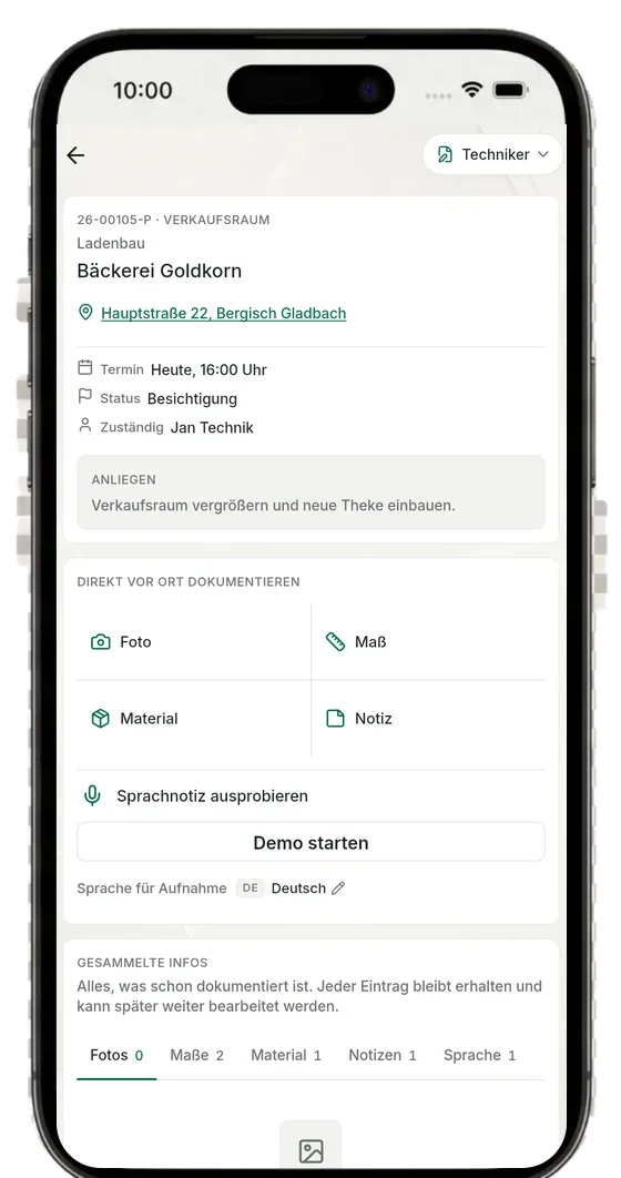 Projekt in QuickQuote Flow mit den Erfassen-Kacheln Foto, Maß, Notiz und Material sowie Sprachnotiz