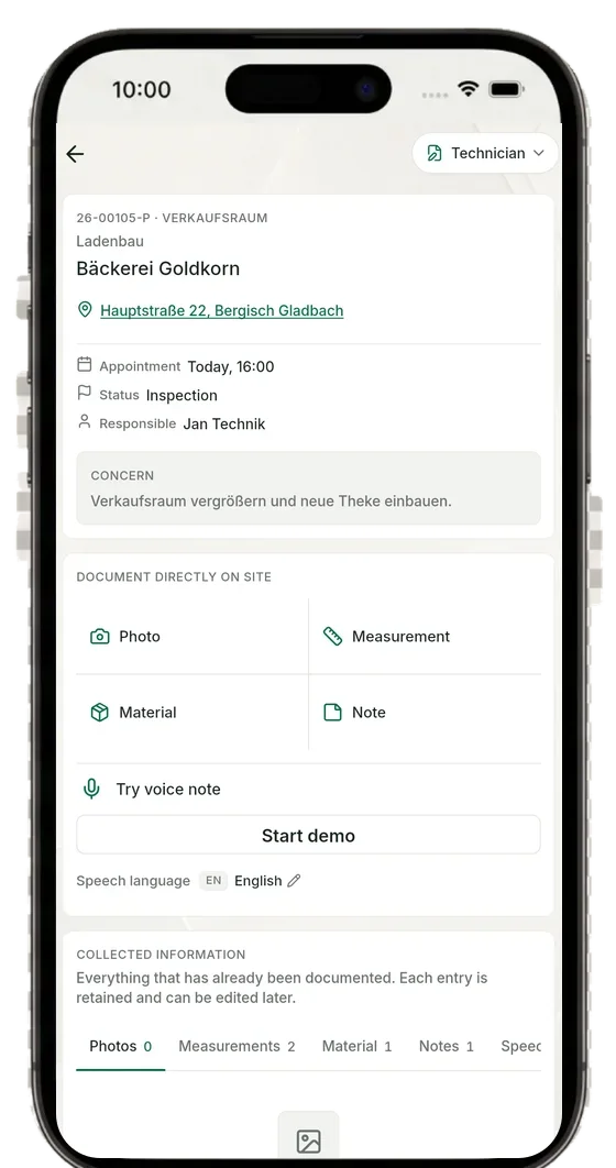 Project in QuickQuote Flow with the capture tiles photo, measurement, note and material plus voice note