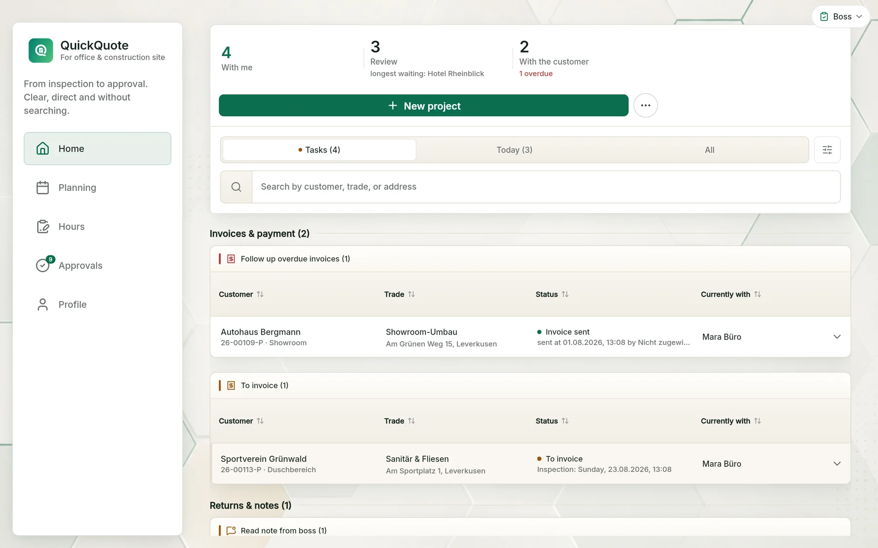 QuickQuote Flow owner dashboard with tasks, overdue invoices and approvals