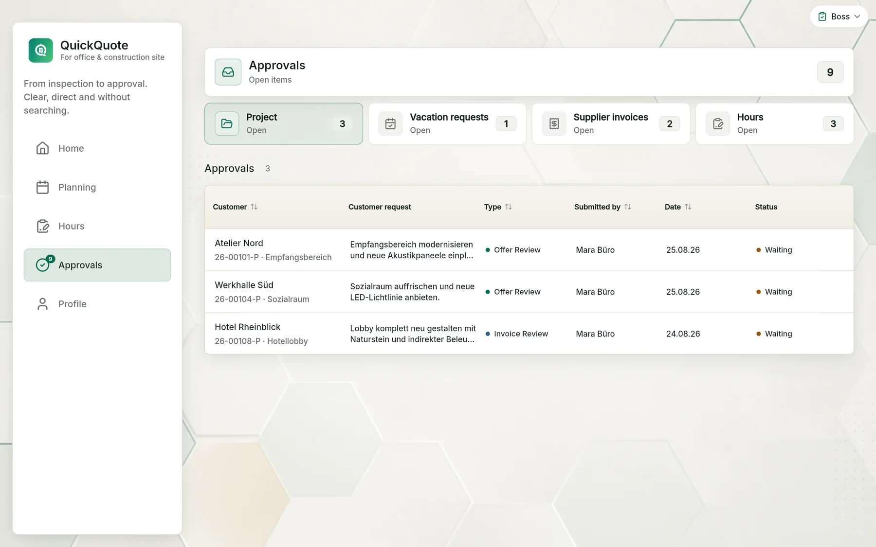 QuickQuote Flow in the browser: approval queues for leave, hours and documents