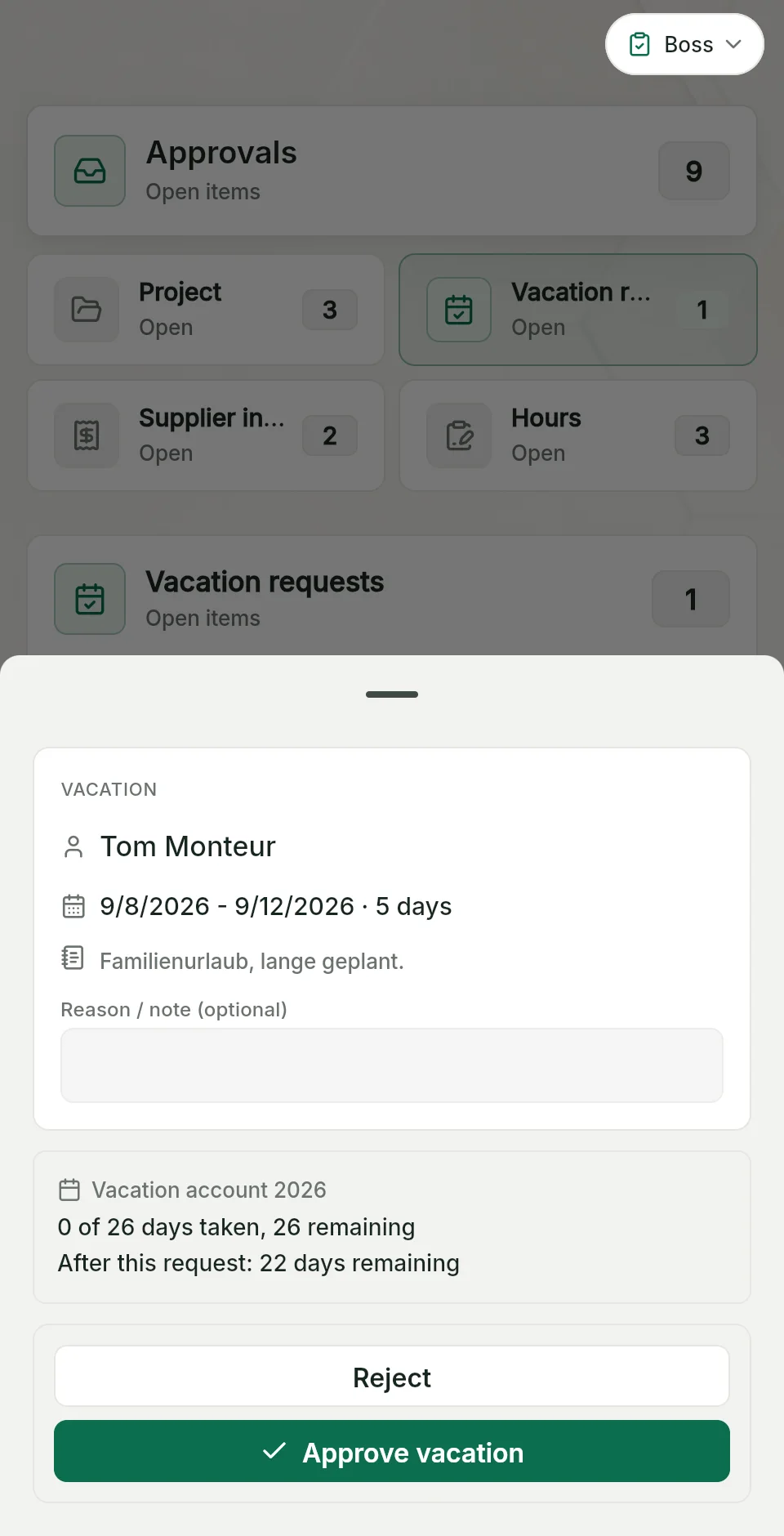 Holiday request in QuickQuote Flow: period, note, leave account with remaining days and the boss decision