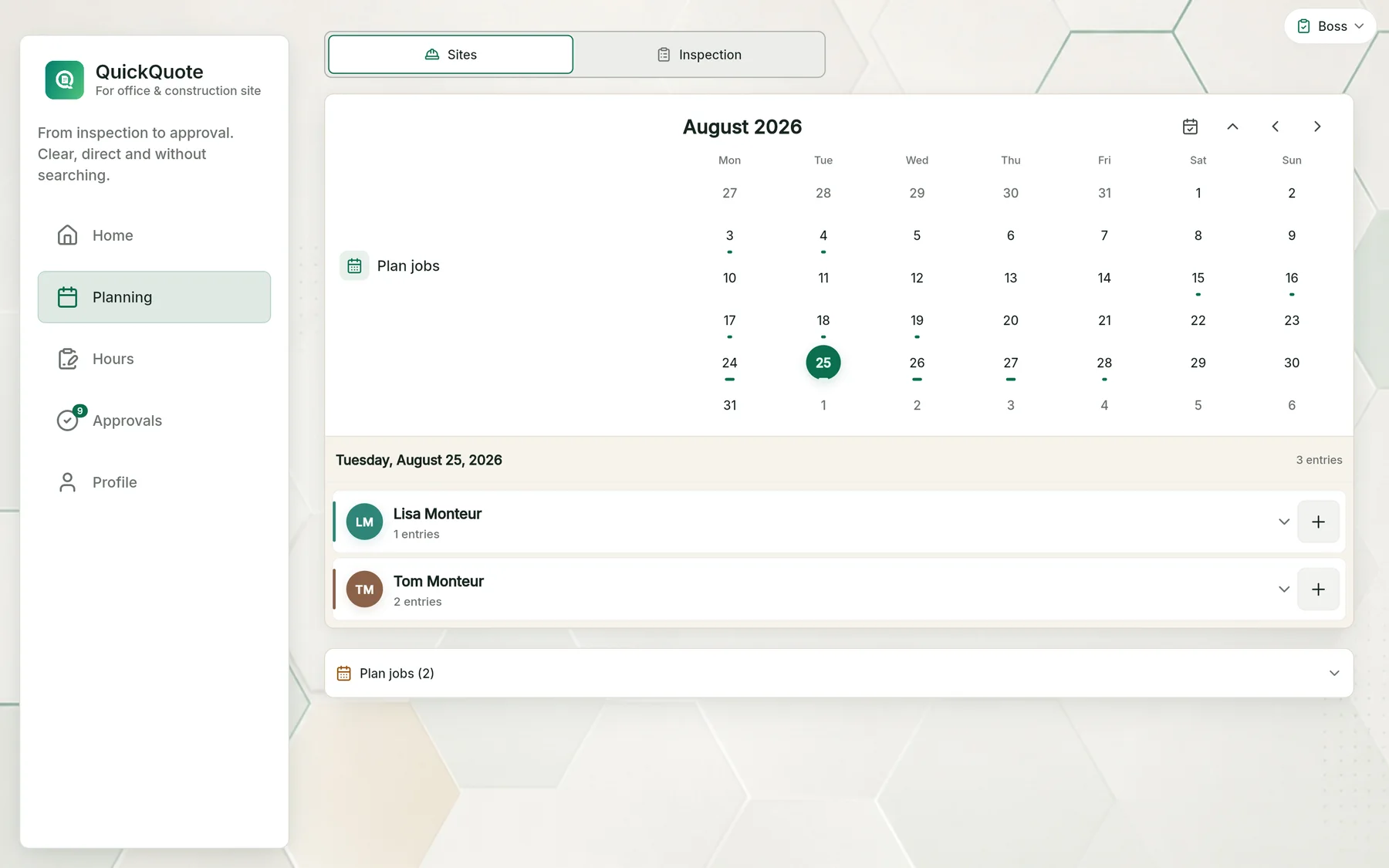 Planning in QuickQuote Flow: monthly calendar with site visits and jobs