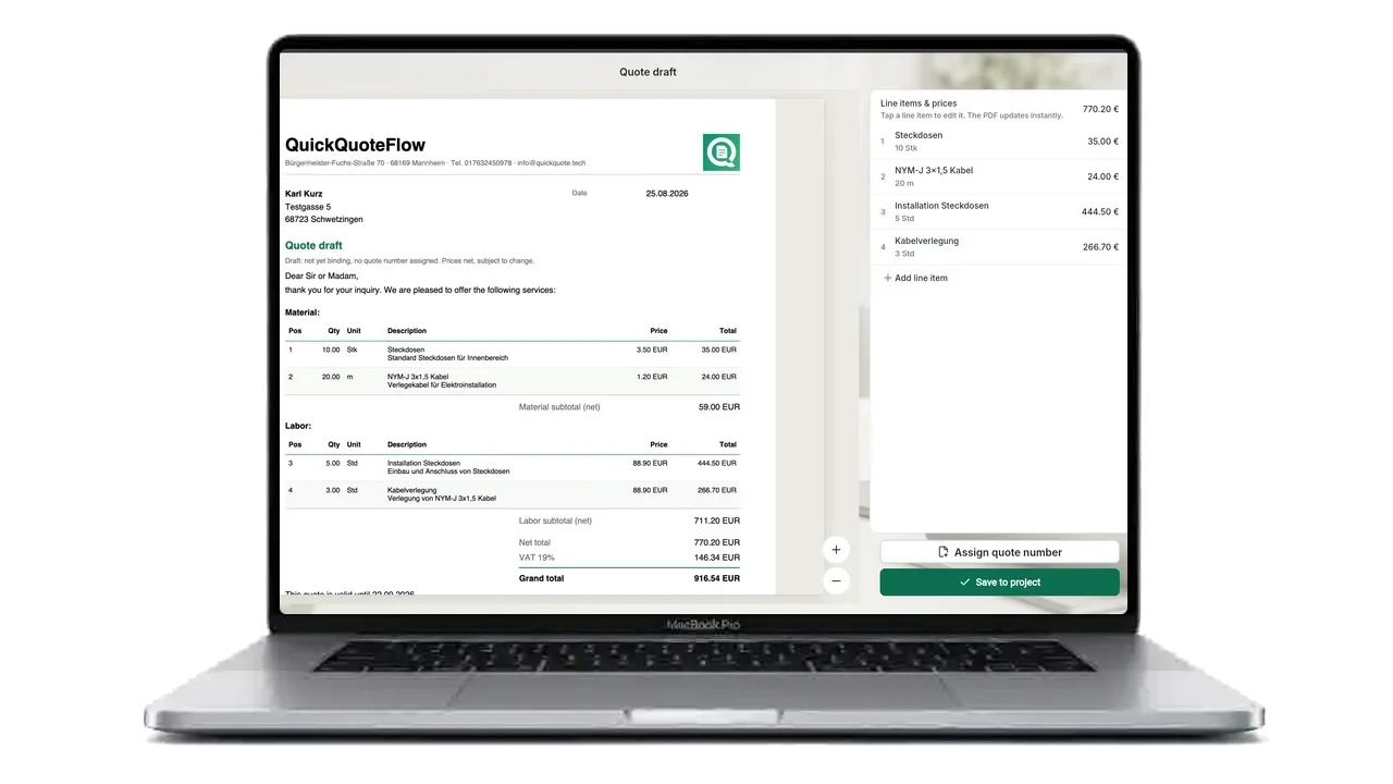 Quote draft in QuickQuote Flow on a laptop: PDF preview on the left, line items and prices on the right, every change updates the PDF instantly
