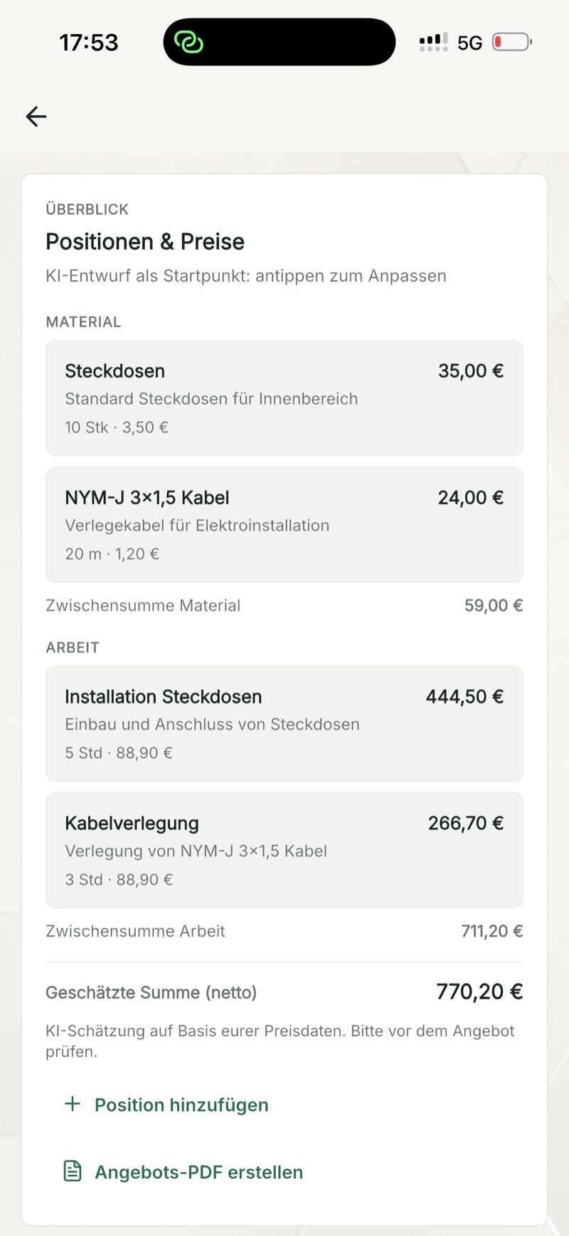 KI-Angebotsentwurf mit Material, Arbeit, Preisen und geschätzter Nettosumme