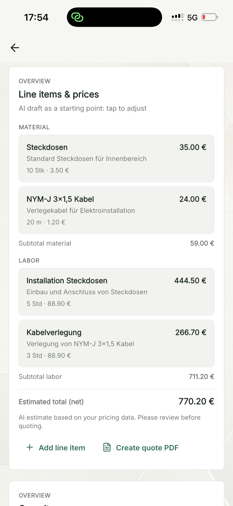 AI quote draft with materials, labour, prices and estimated net total