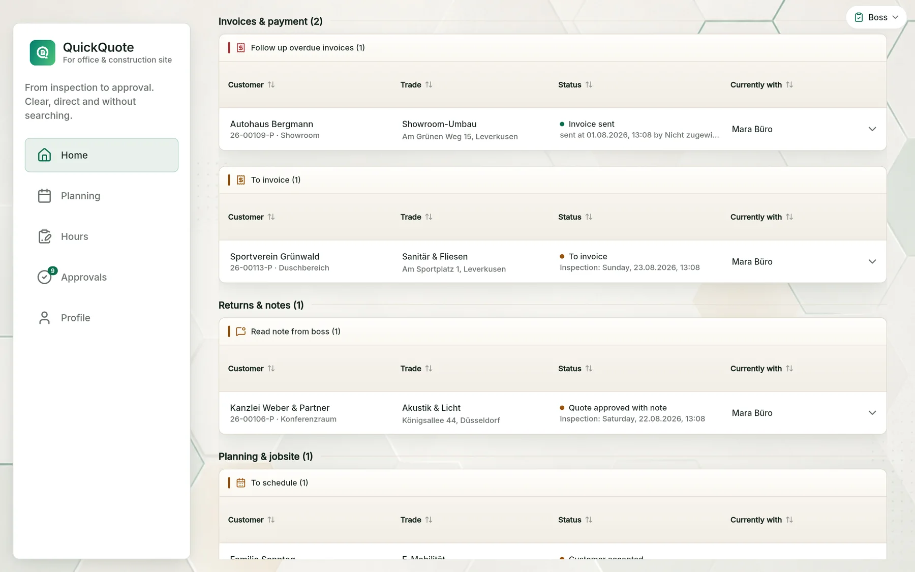 QuickQuote Flow in the browser: invoices with sent and payment status