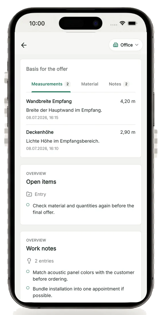 Office view in QuickQuote Flow: the basis for the quote with measurements, materials, notes and open points
