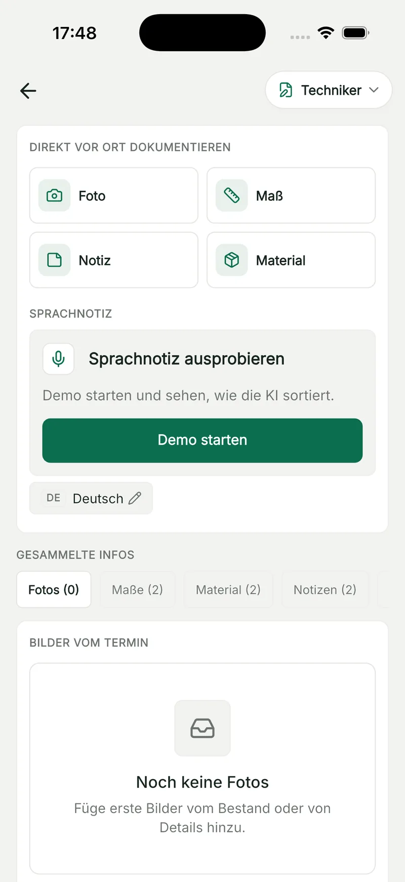 Baustellendokumentation in QuickQuote Flow: Kacheln für Foto, Maß, Notiz und Material plus KI-Sprachnotiz