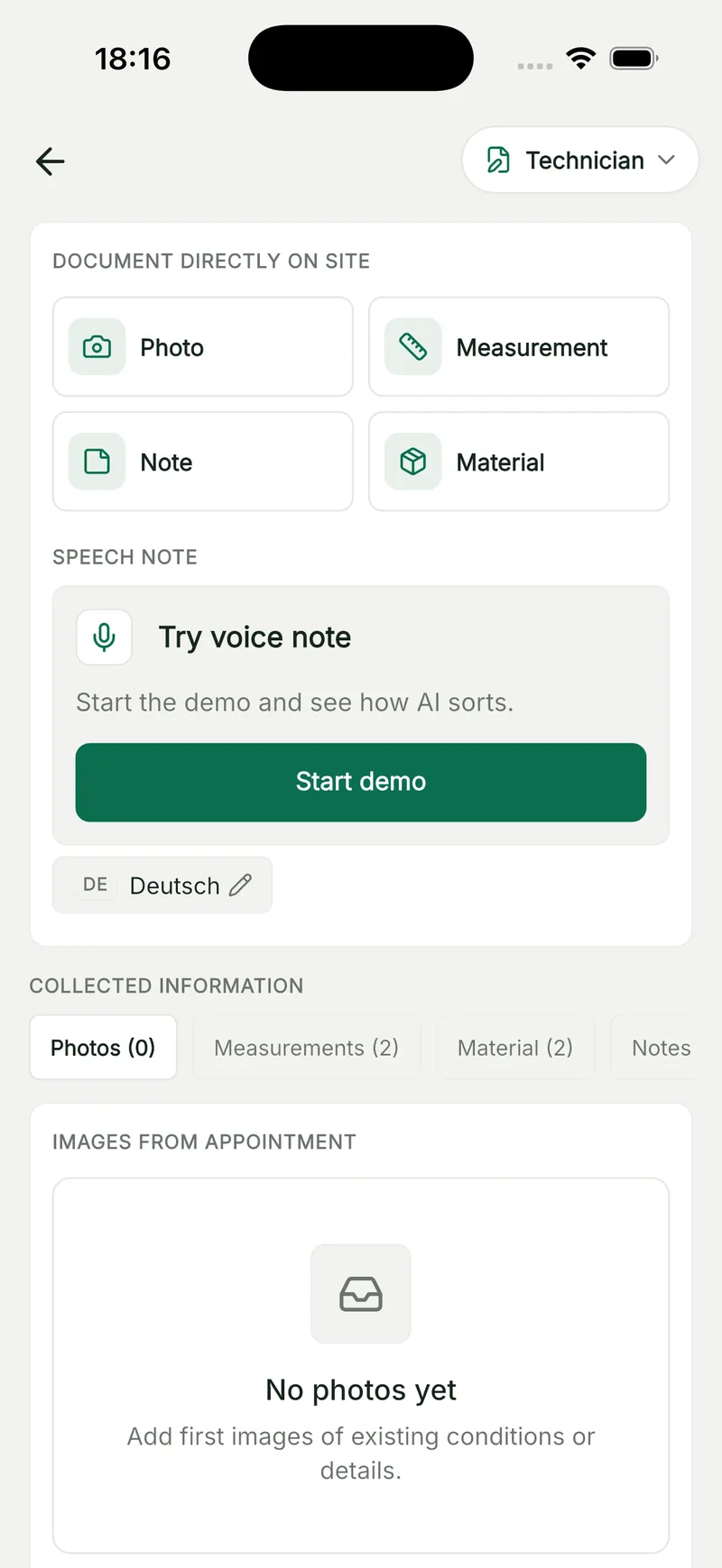 Site documentation in QuickQuote Flow: tiles for photo, measurement, note and material plus AI voice note