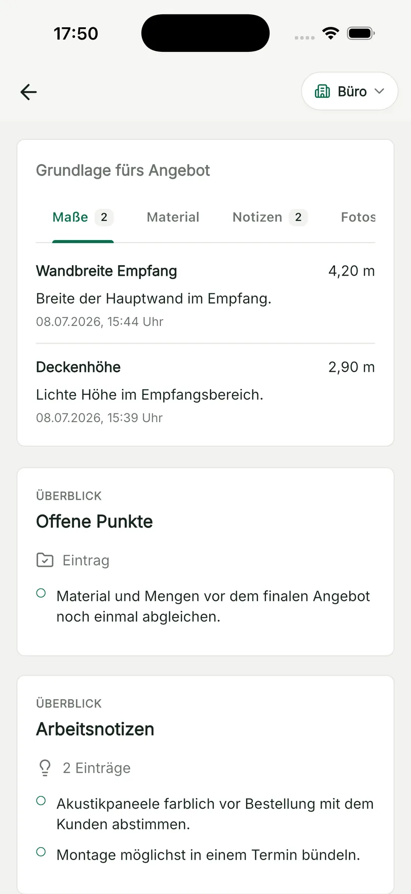 Büro-Ansicht in QuickQuote Flow: Grundlage fürs Angebot mit Maßen, Material, Notizen und offenen Punkten