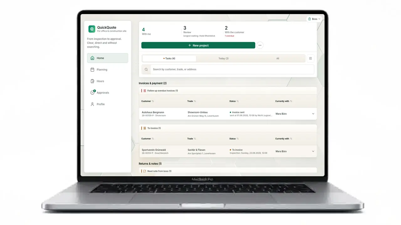 QuickQuote Flow job management overview on a laptop