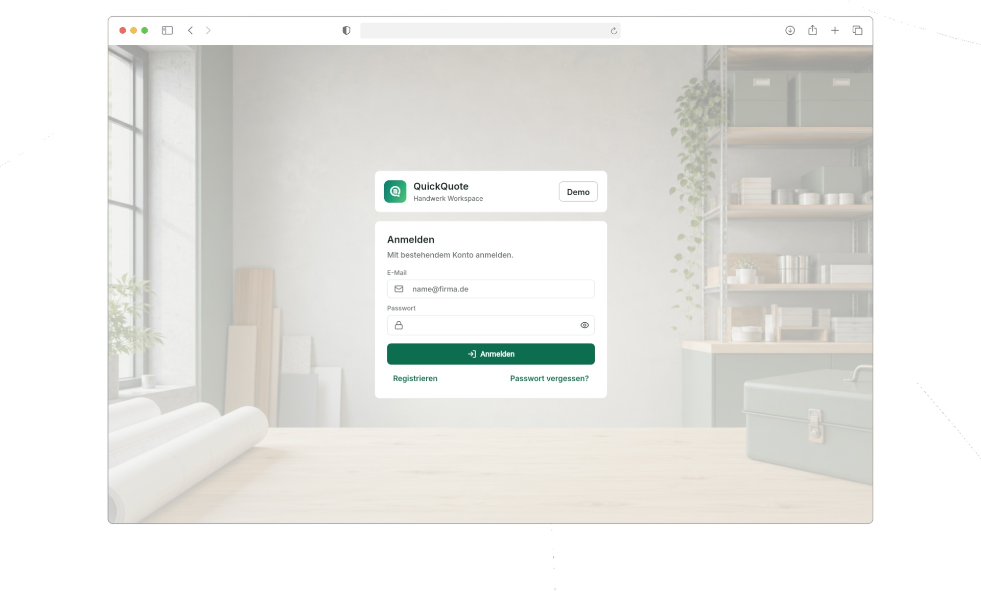 QuickQuote im Browser: der Login-Bildschirm