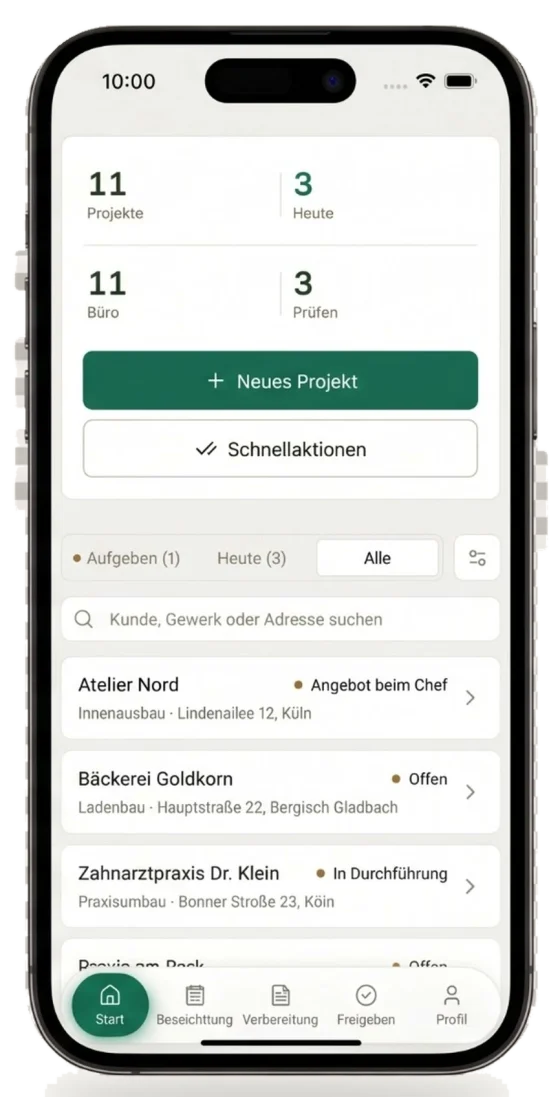 QuickQuote Mobile App, Startbildschirm mit Projektübersicht