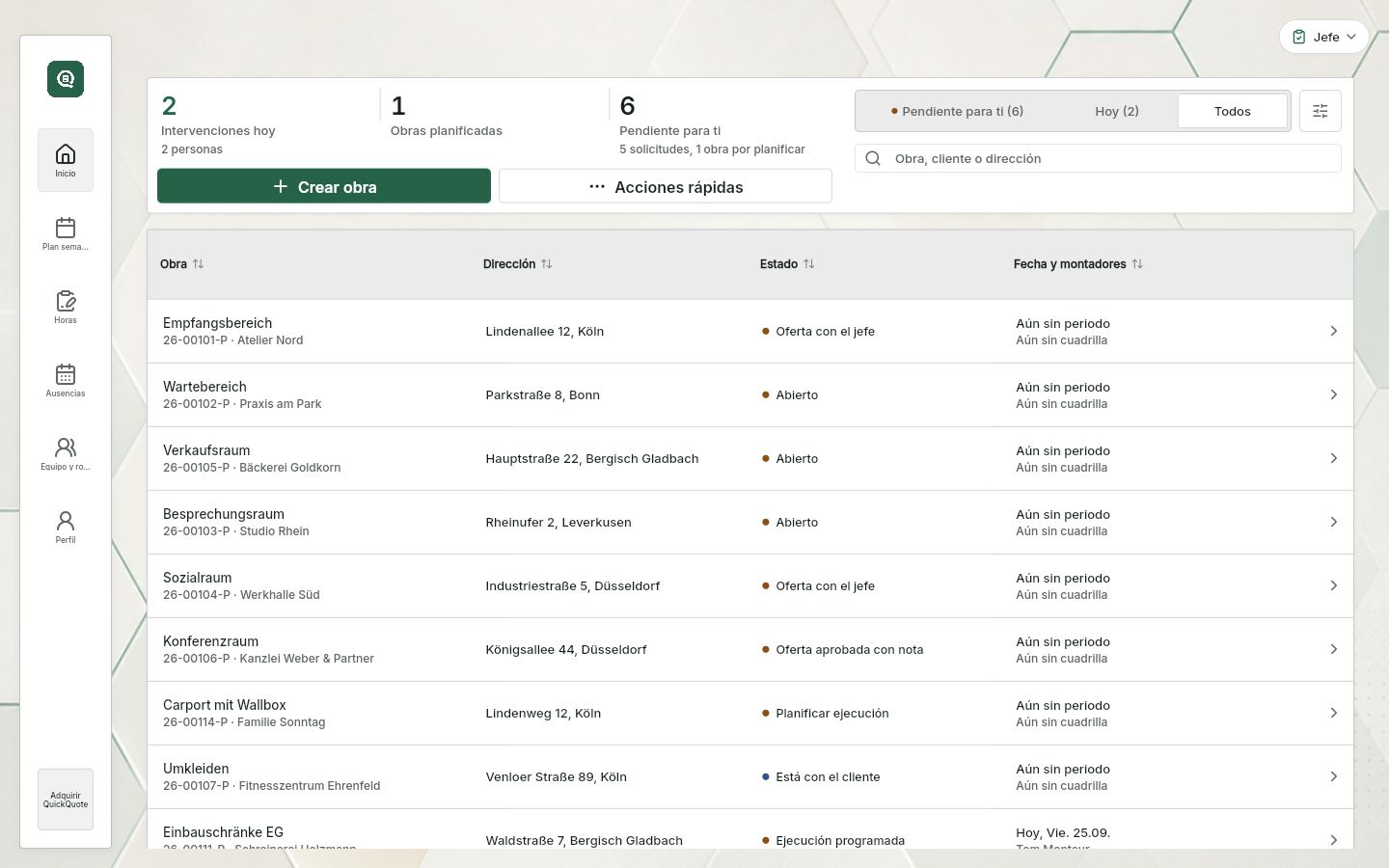 QuickQuote: pantalla de inicio del planificador gratuito