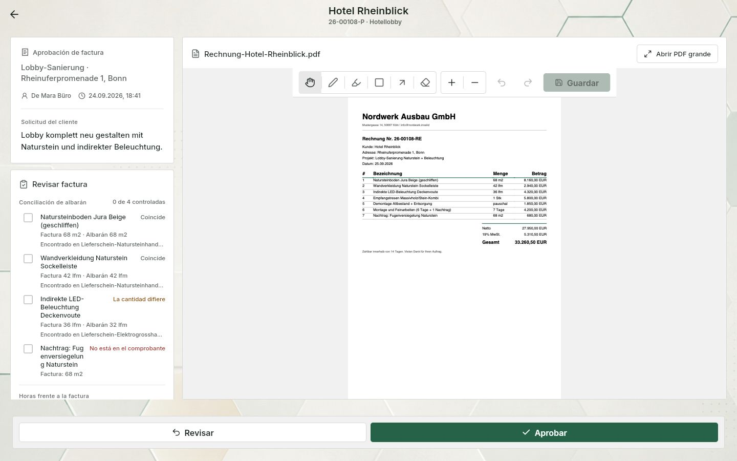 QuickQuote: factura en el proceso de aprobación