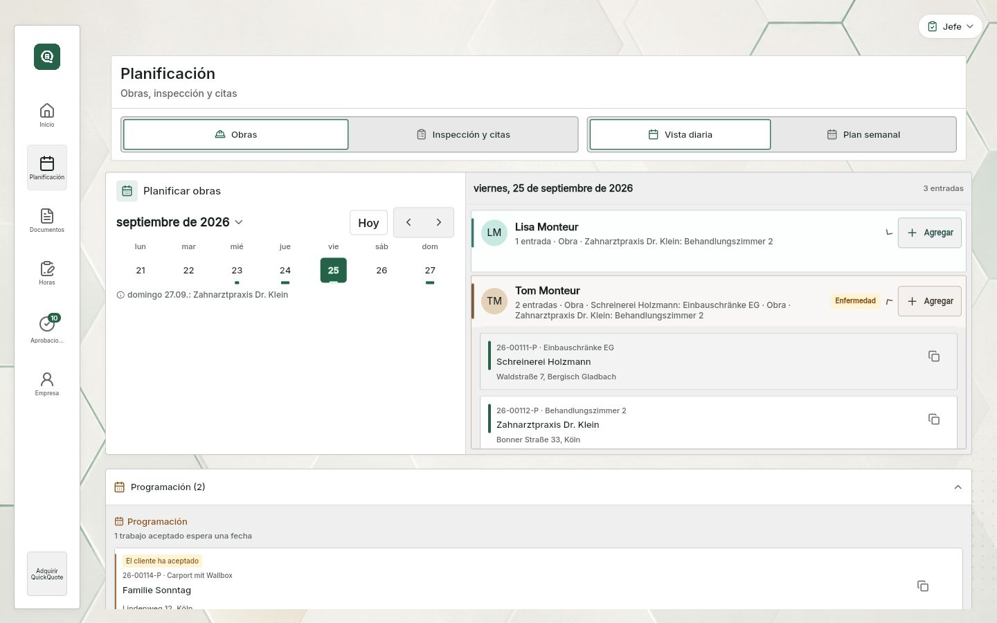 QuickQuote: planificación del día con trabajos asignados