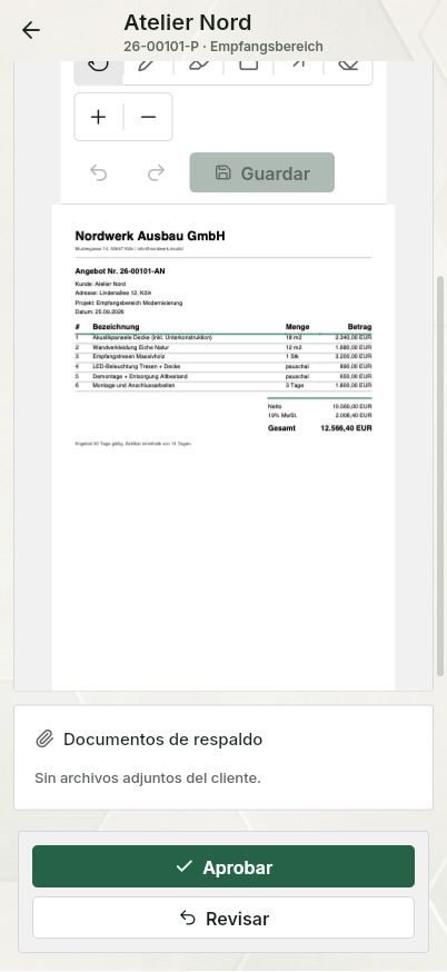 QuickQuote: revisión de un presupuesto en un smartphone