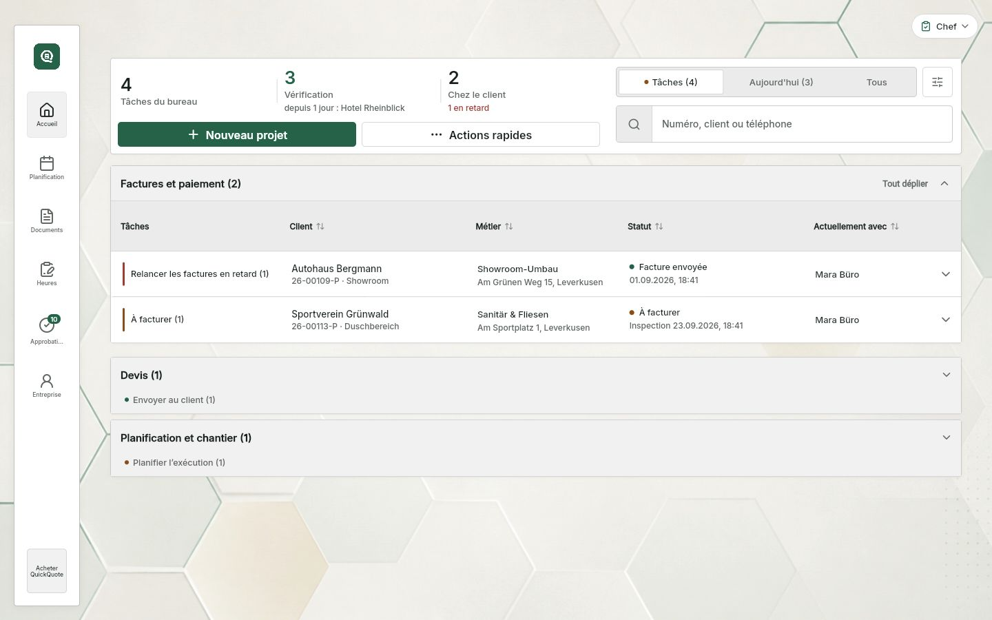 QuickQuote : aperçu des tâches du responsable et du dirigeant