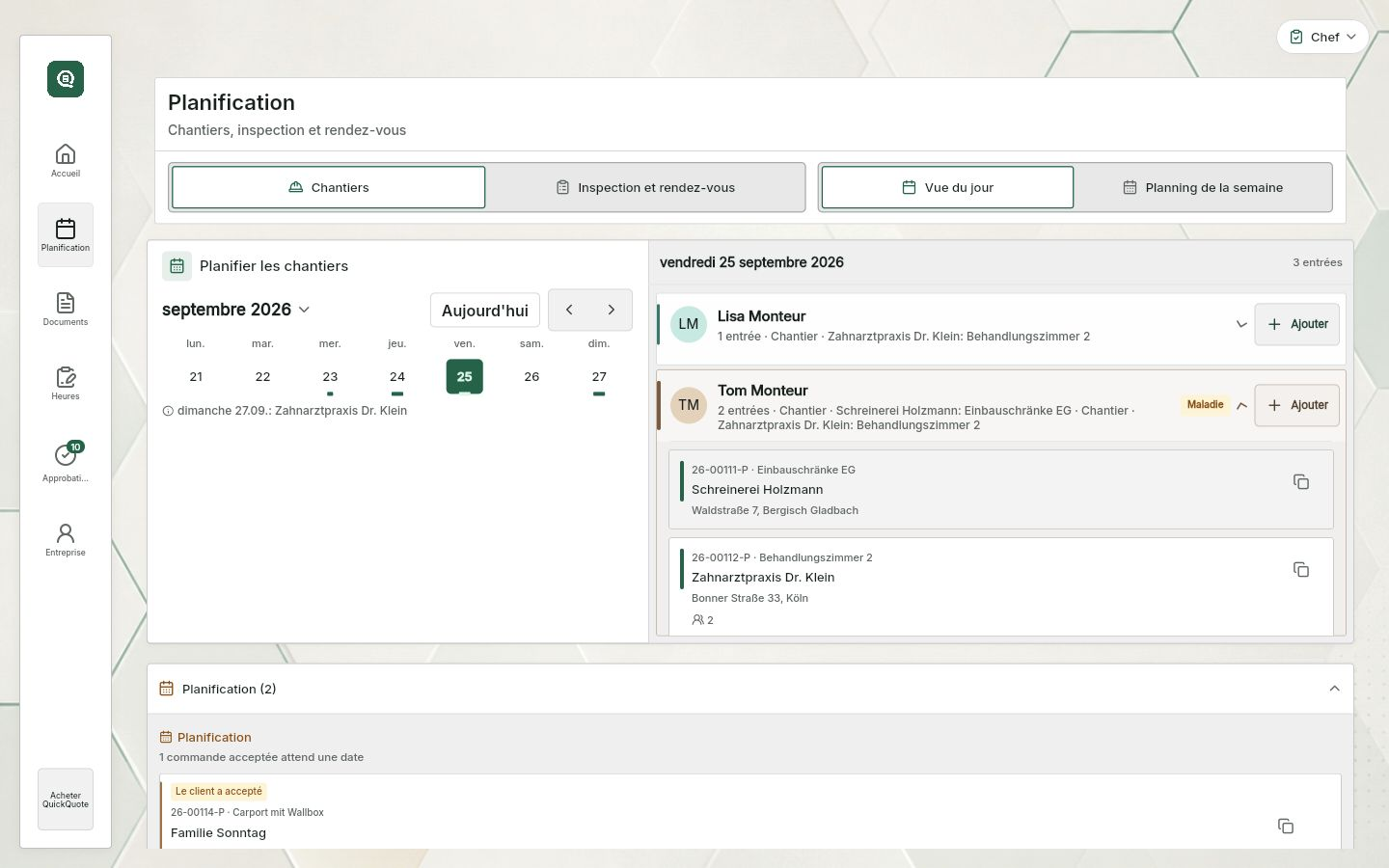 QuickQuote : planning du jour avec les interventions attribuées