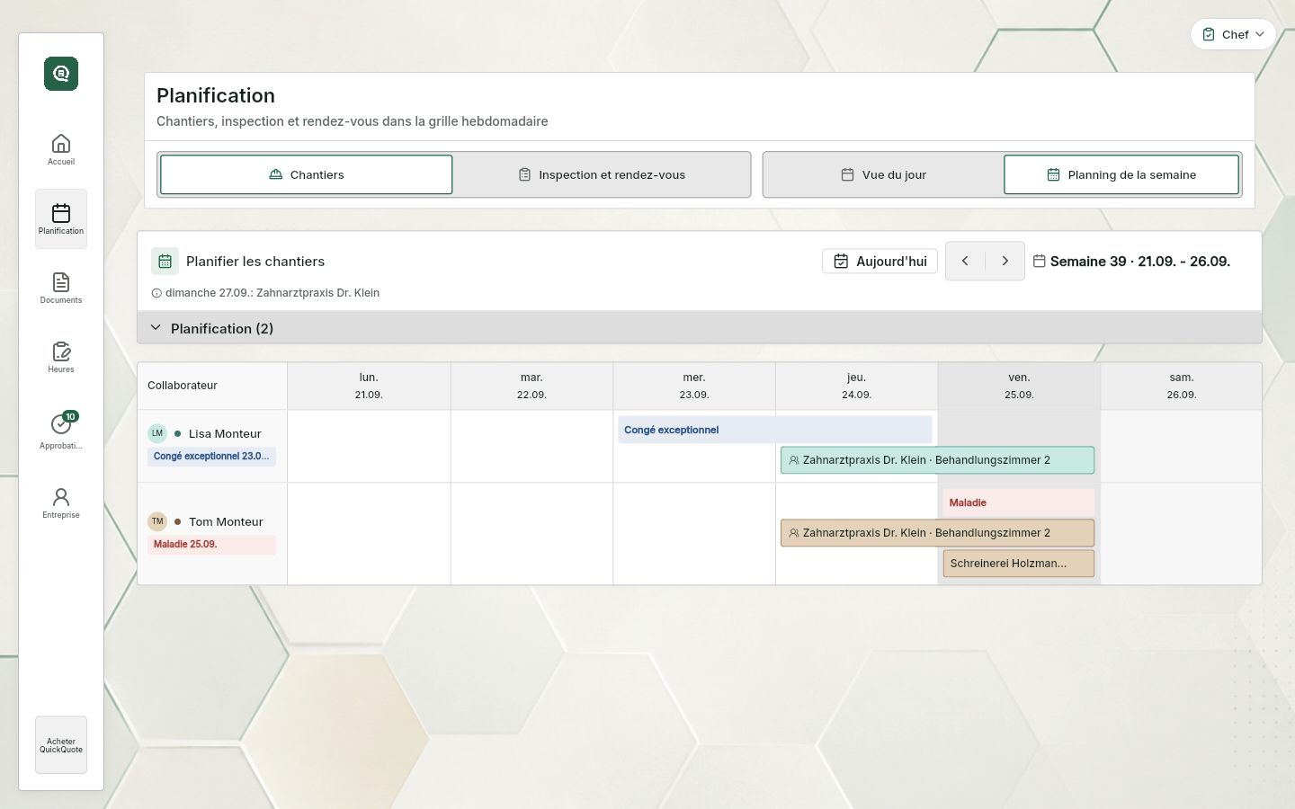 QuickQuote : planning hebdomadaire avec équipe et interventions