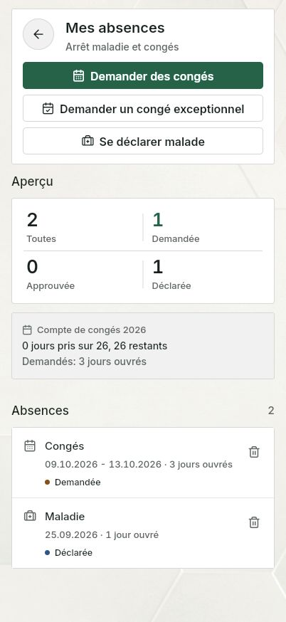 QuickQuote : absences personnelles sur smartphone