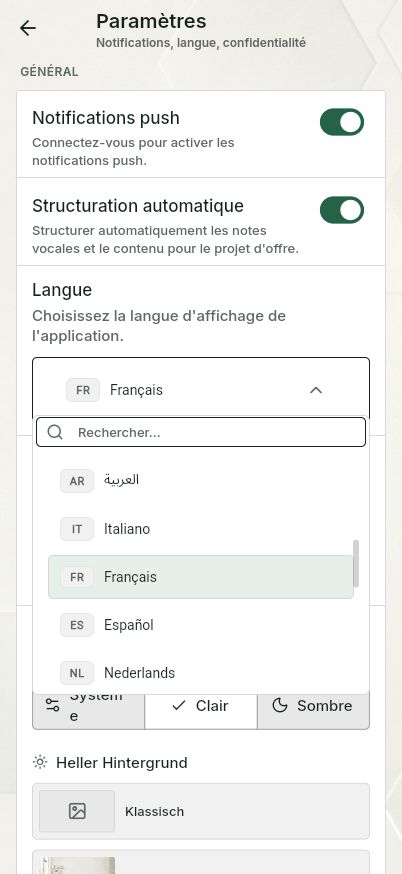QuickQuote : choix de la langue dans l'application