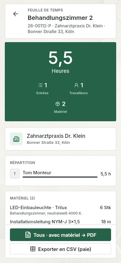 QuickQuote : feuille d'heures du projet sur smartphone