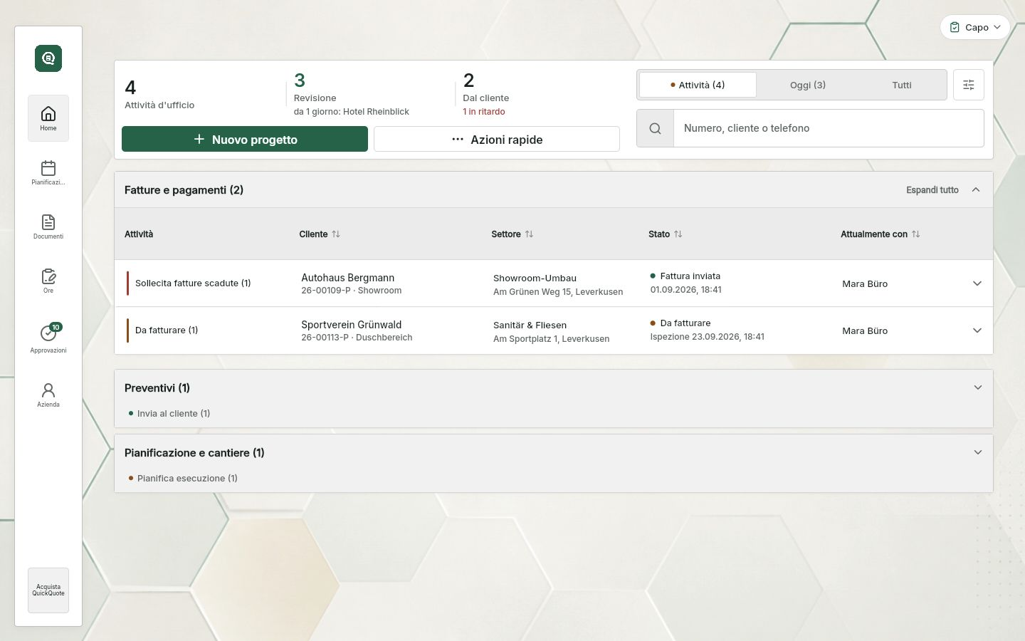QuickQuote: riepilogo delle attività per capo e titolare