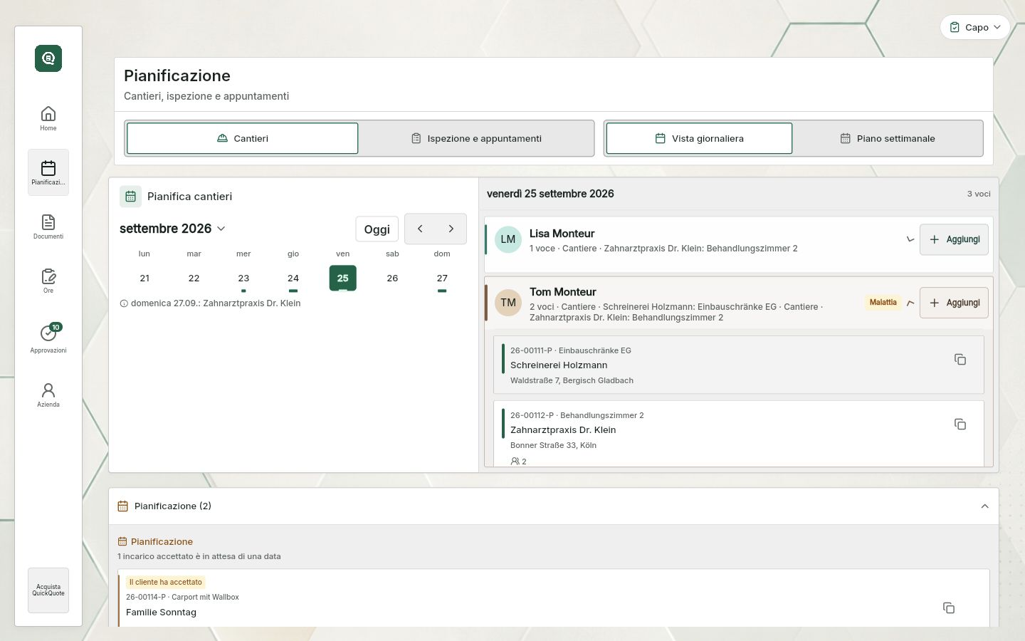 QuickQuote: pianificazione giornaliera con interventi assegnati