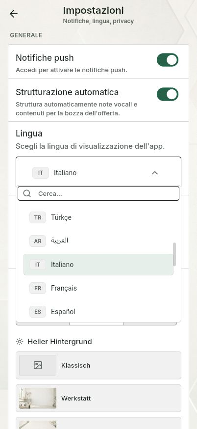 QuickQuote: selezione della lingua in QuickQuote