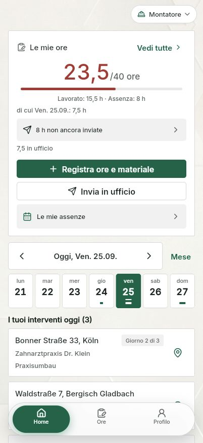 QuickQuote: schermata iniziale dell'installatore su smartphone