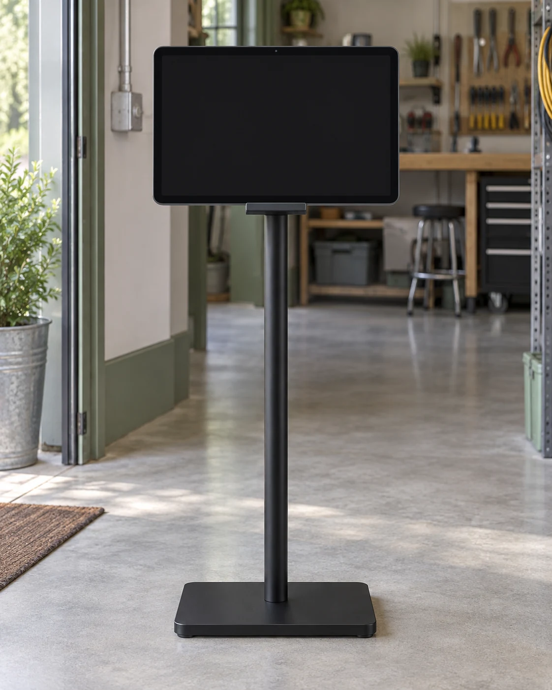 Tablet op een standaard bij de ingang van een werkplaats