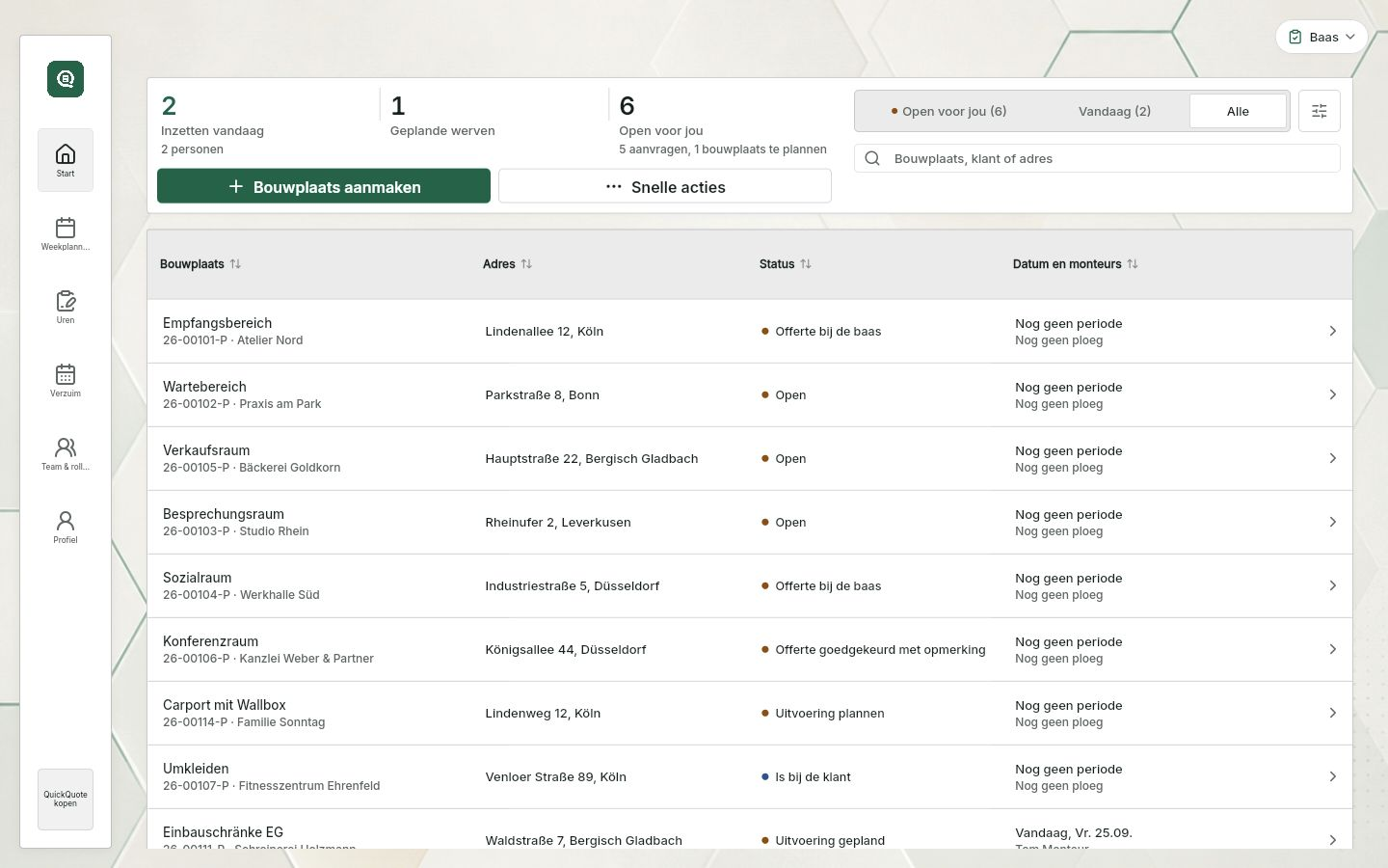QuickQuote: startscherm van de gratis planner