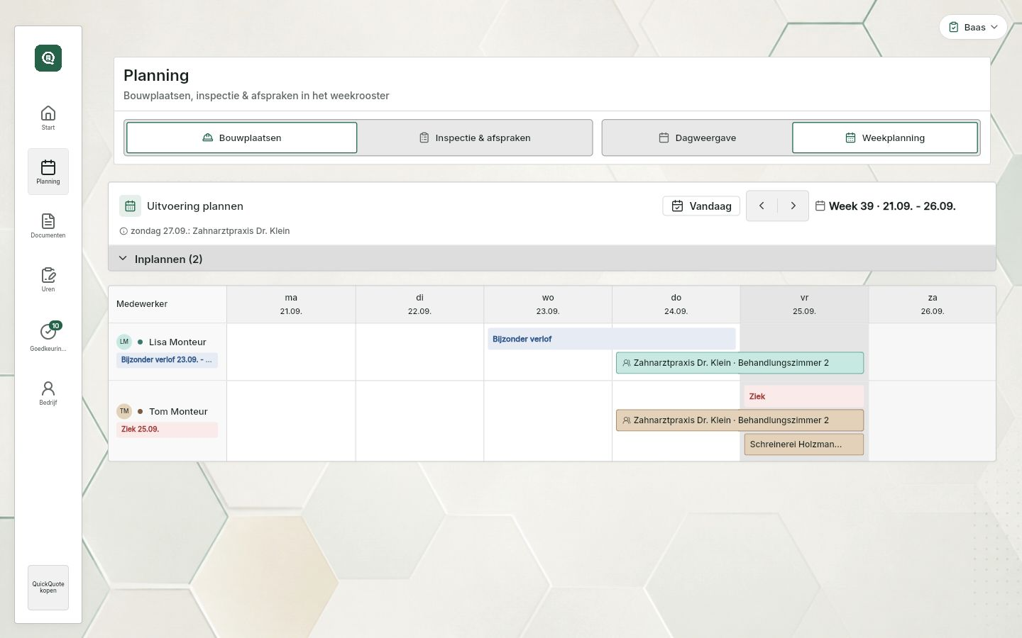 QuickQuote: weekplanning met teamleden en opdrachten