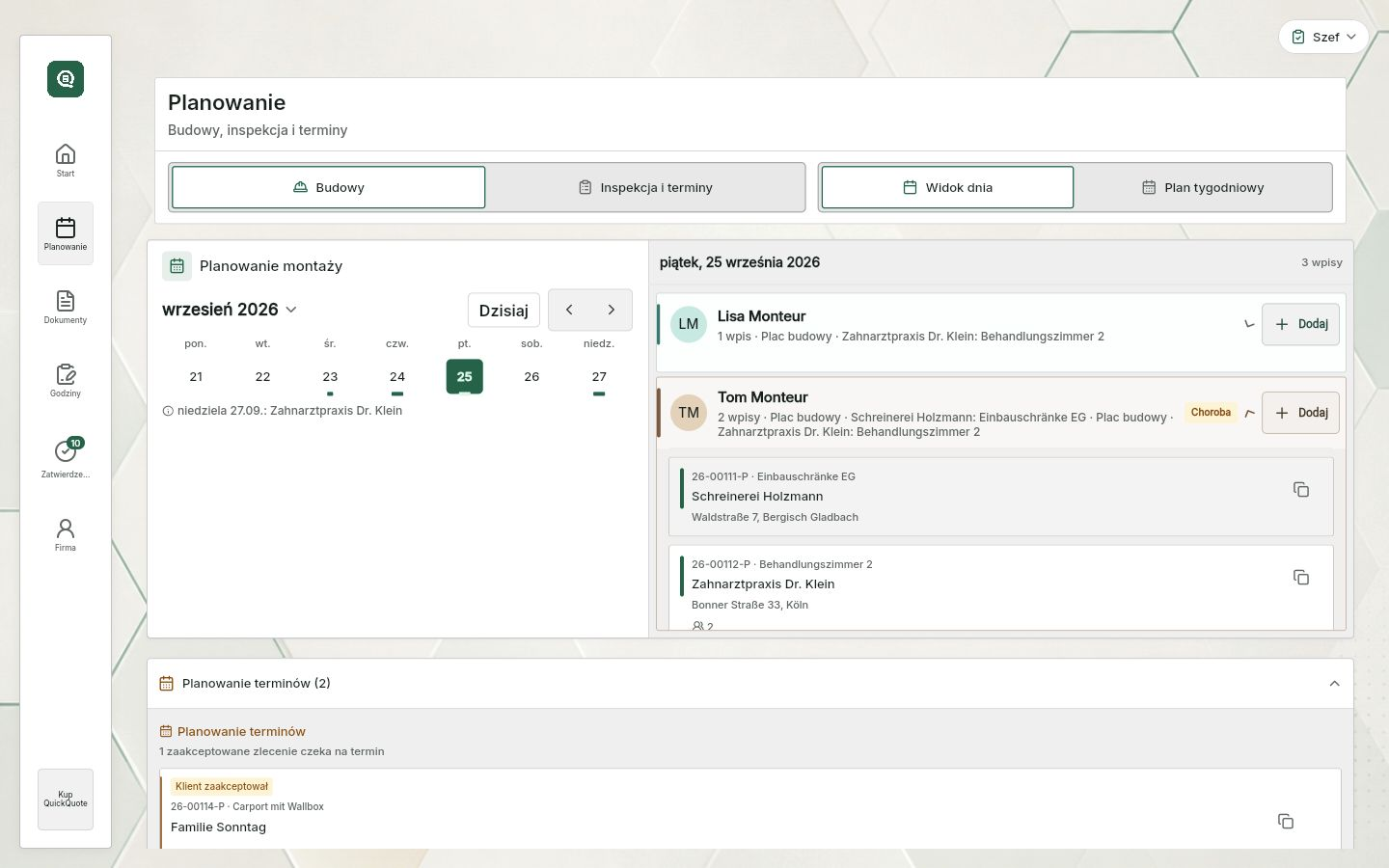 QuickQuote: Plan dnia z przypisanymi zleceniami