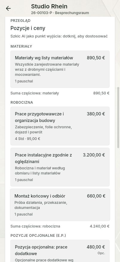 QuickQuote: edycja projektu oferty na smartfonie
