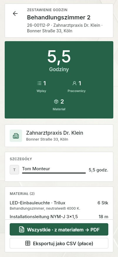 QuickQuote: Karta czasu pracy projektu na smartfonie