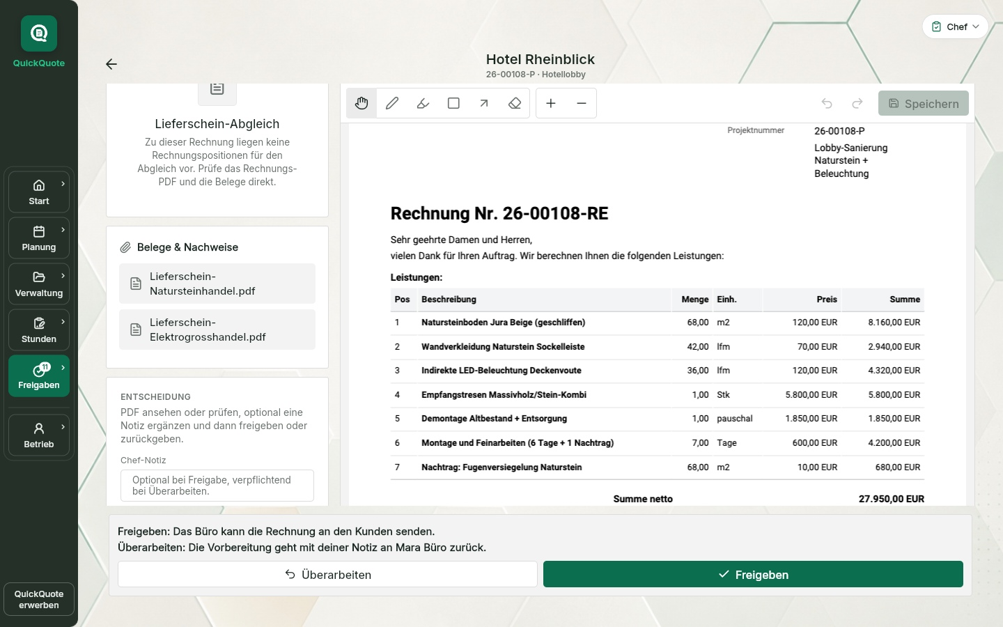 QuickQuote: Rechnung im Freigabeablauf