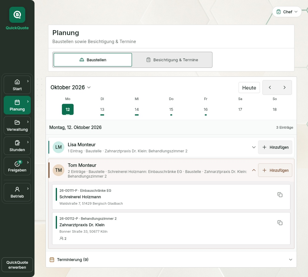 QuickQuote: kompakte Tagesplanung mit zugewiesenen Einsätzen auf einem Tablet