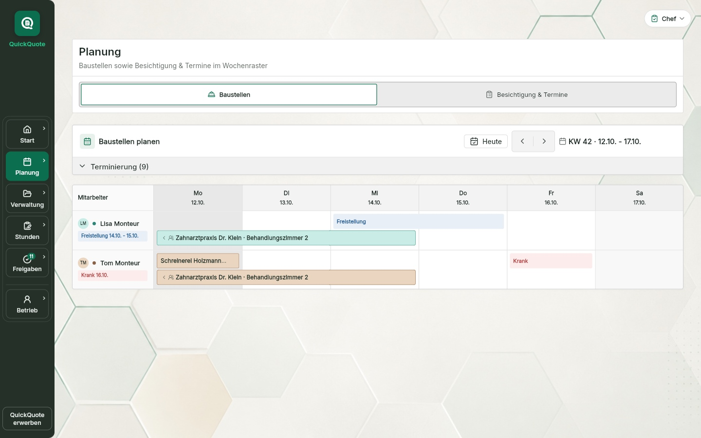 QuickQuote: Wochenplan mit Team und Einsätzen