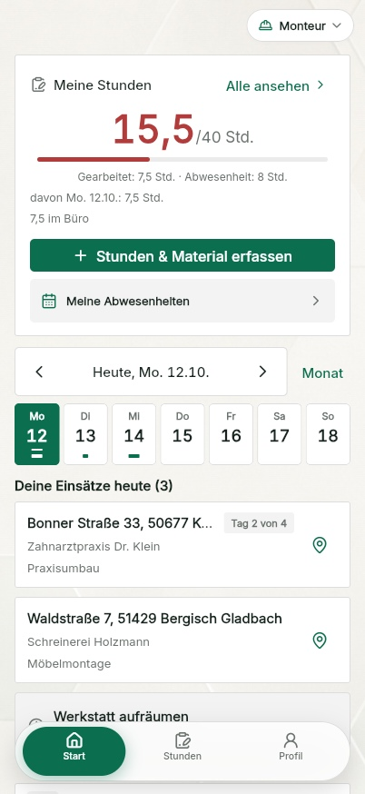 QuickQuote: Startseite für Monteure auf dem Smartphone