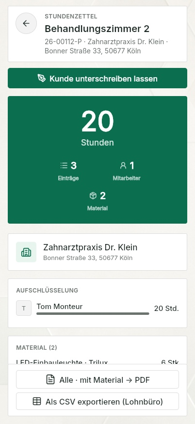 QuickQuote: Stundenzettel am Projekt auf dem Smartphone