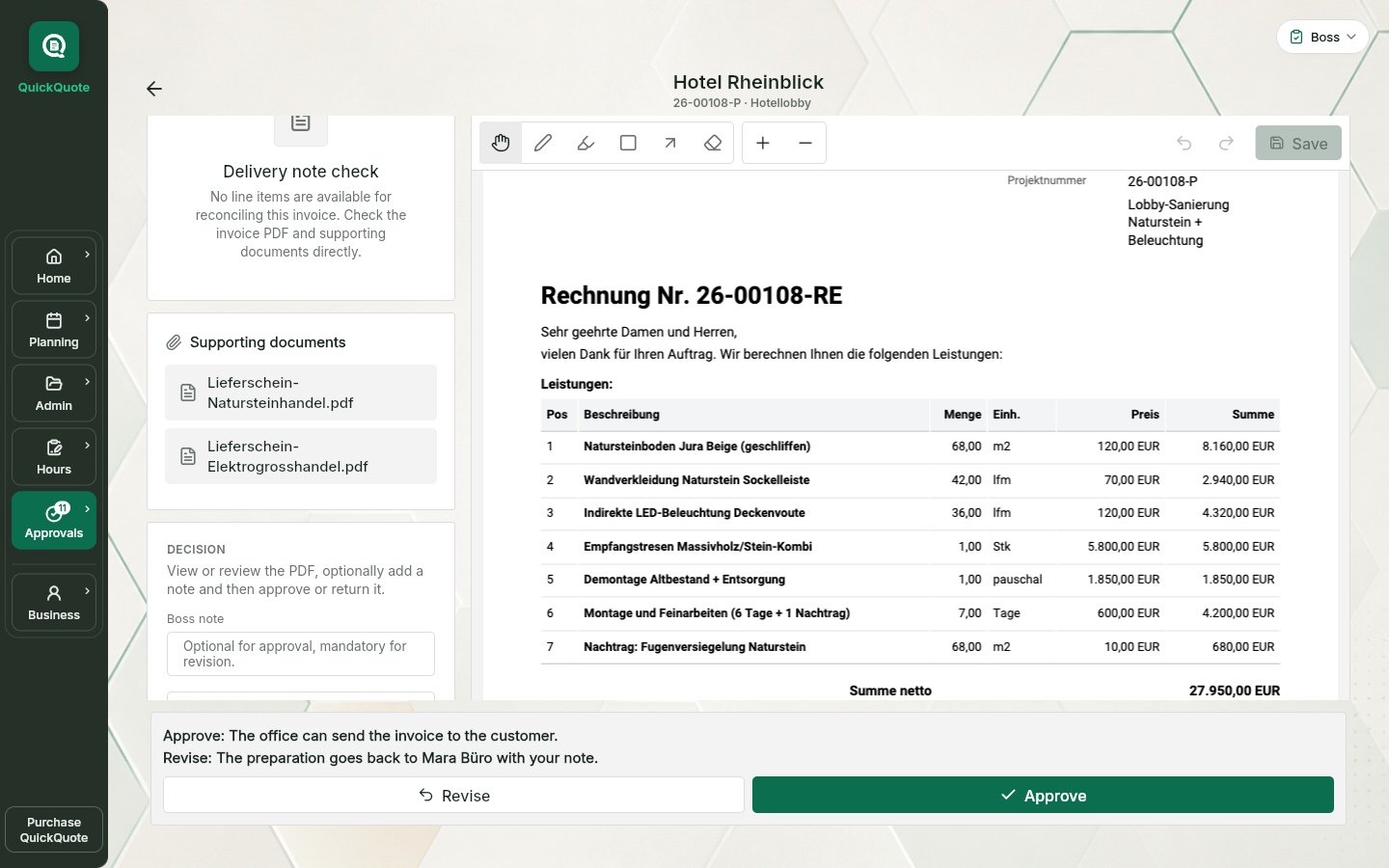 QuickQuote: Invoice in the approval workflow